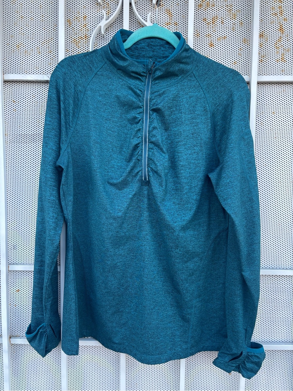 Kirkland L 1/4 zip long sleeve shirt pullover thumb holes teal